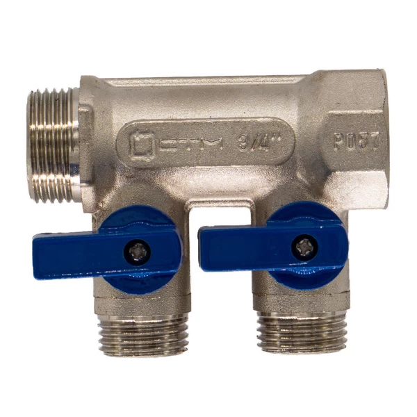 коллектор стм 3/4 вр(г) х 2 выхода 1/2 нр(ш) х 3/4 нр(ш) с шаровыми кранами (c2mb3412)