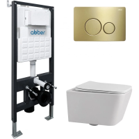Комплект инсталляция с унитазом Abber AC1201-AC0105-AC0121MMG с кнопкой смыва, золотой матовый + унитаз подвесной Abber Rechteck безободковый, с сиденьем микролифт, белый