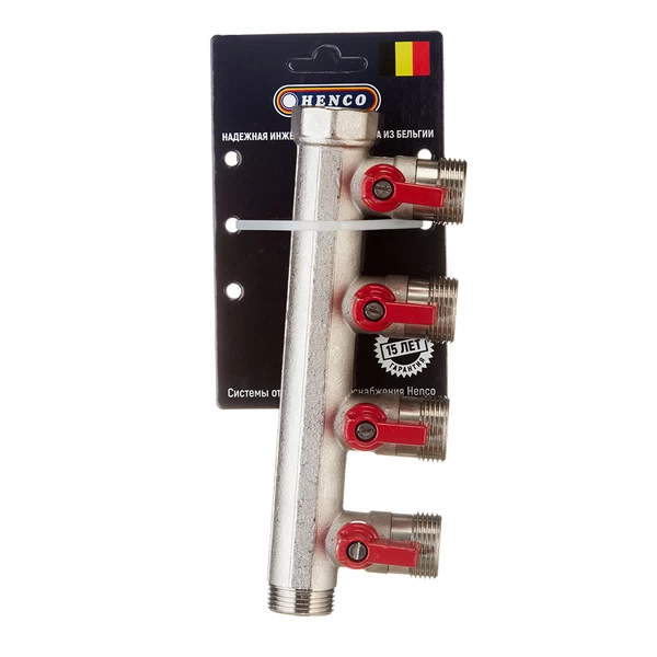 коллектор henco 3/4 вр(г) х 4 выхода 3/4 нр(ш) ек х 3/4 нр(ш) с шаровыми кранами, vb050504-rood