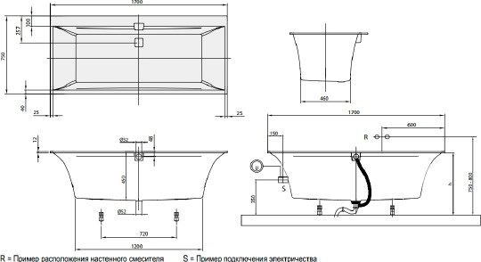 квариловая ванна villeroy & boch squaro edge 12 ubq170sqe2dv-01 170x75 см