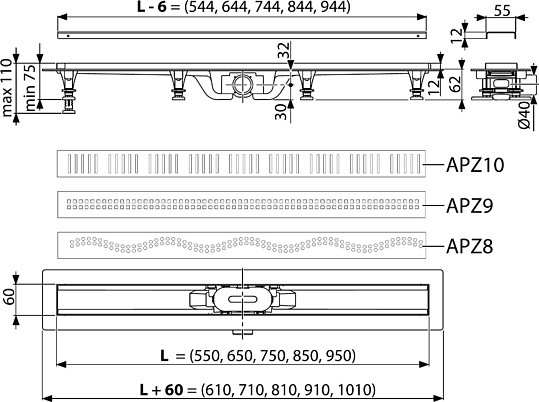 душевой лоток alcaplast apz9-simple 650 с решеткой и опорами