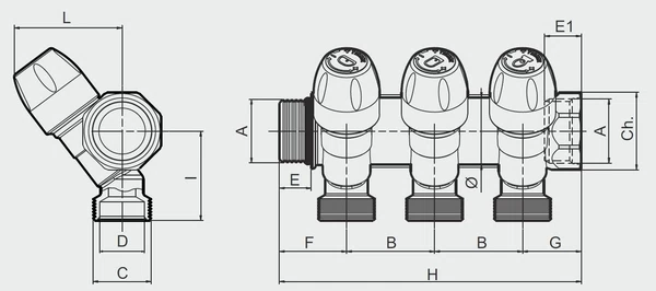 коллектор tiemme 1 вр(г) х 3 выхода 3/4 нр(ш) ек х 1 нр(ш) регулируемый (1860013/1877k50060503)