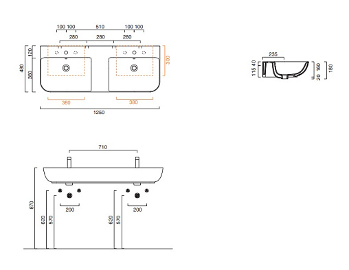 раковина полувстраиваемая 125 см catalano sfera 1125bsfd00, двойная, цвет белый