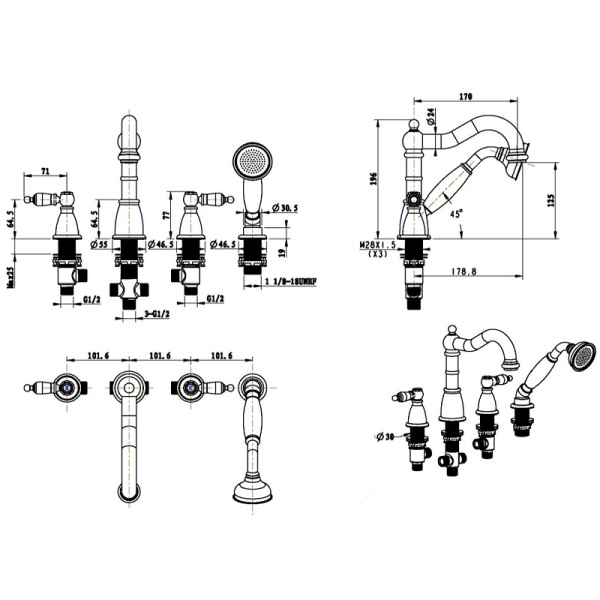 смеситель на борт ванны boheme tradizionale oro 395-bsw золото