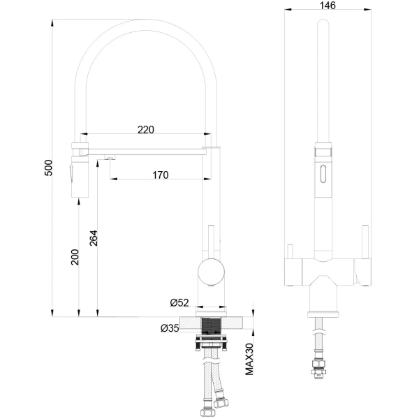 смеситель для кухни oliveeka ol-458009-mb с подключением к фильтру, гибким изливом, черный матовый