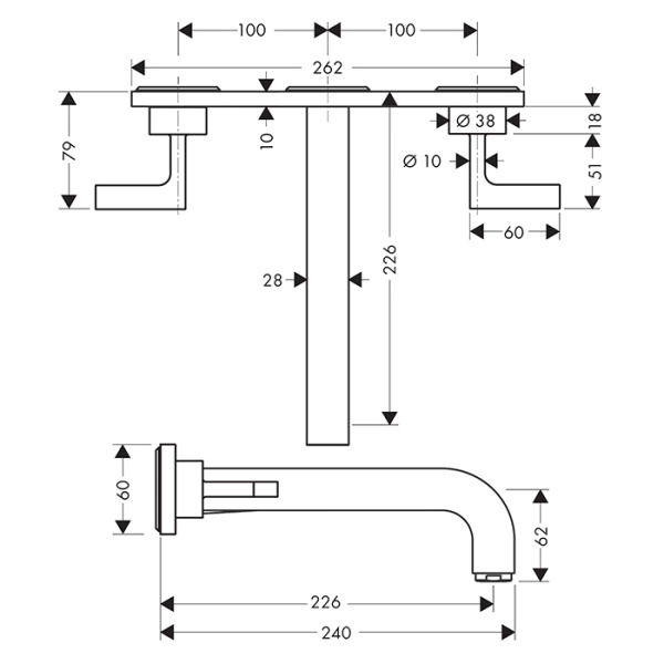 смеситель axor citterio для раковины 226, встраиваемый, излив: 22.6см., ручка: рычаг, с панелью, цвет: шлифованная медь