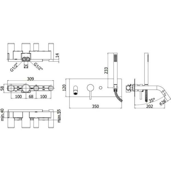смеситель paffoni light lig001cr для ванны, с душевым гарнитуром, встраиваемый, излив 20.2 см, хром глянцевый