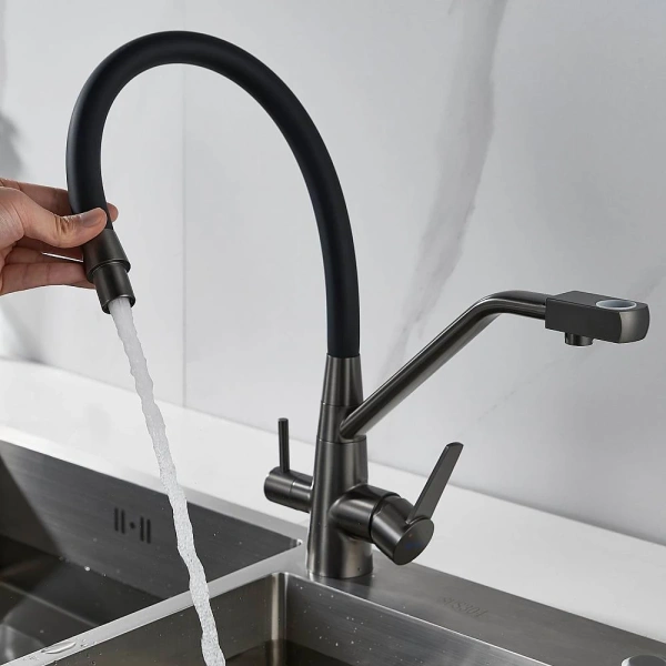 смеситель для кухни shevanik s968t с подключением к фильтру, гибким изливом, оружейная сталь