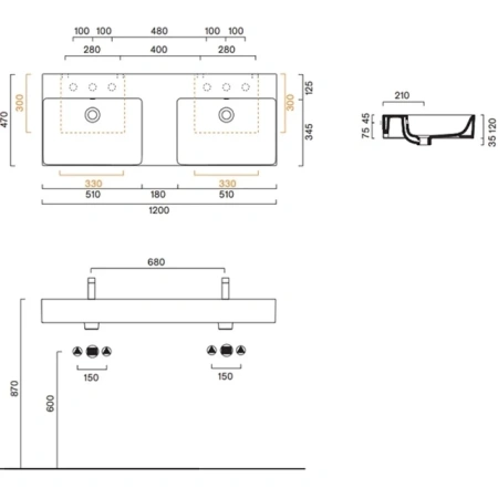 раковина catalano premium 0221220001 120x47 см, накладная, подвесная, двойная белый глянец
