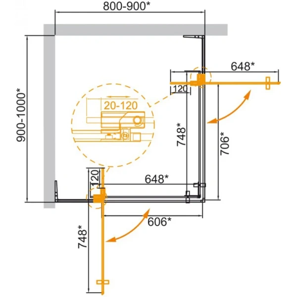 душевой уголок cezares slider slider-ah-2-80/90-90/100-br-boro 90-100x80-90 см, профиль золотой матовый, стекло бронза