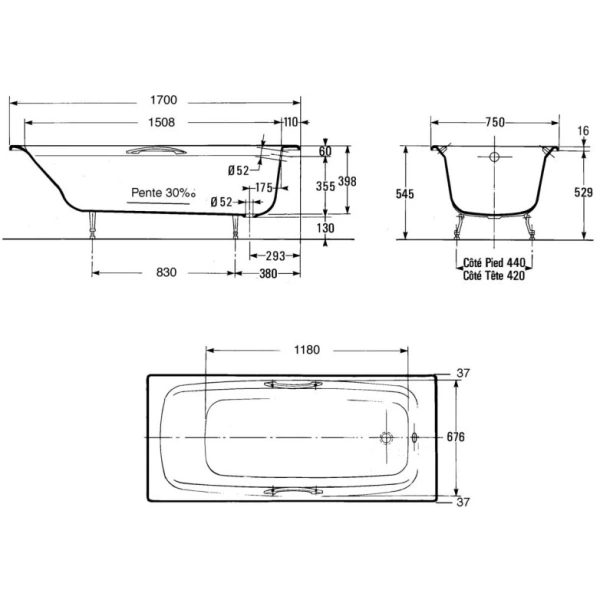 чугунная ванна jacob delafon diapason e2937-s-00 170x75 см, без отверстий для ручек и антискользящего покрытия