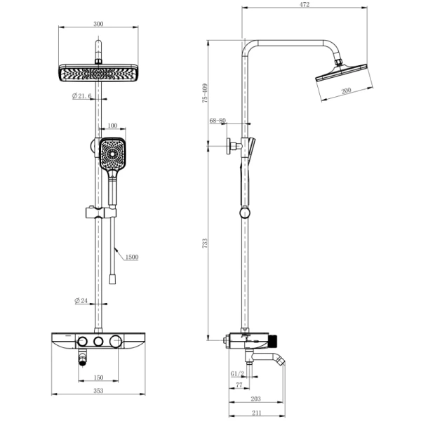 душевая система wonzon & woghand ww-b3099-a-mb 300x200 мм, с термостатом, черный матовый