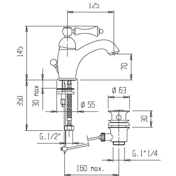 смеситель для раковины с донным клапаном хром, ручка белая cezares margot margot-lsm1-01-bi