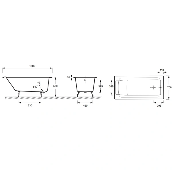 чугунная ванна jacob delafon parallel e2946-00 (gm) 150x70 см