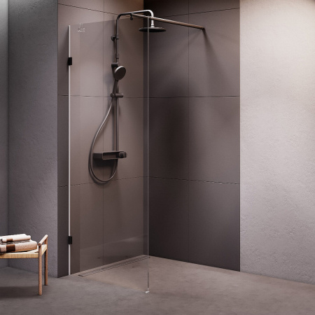 душевая стенка am.pm x-joy w94wi-80-f1-bte, 80 см, со свободным входом, профиль черный матовый, стекло прозрачное