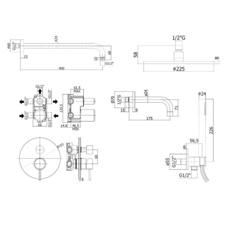 душевой комплект paffoni light kitlig019no139 22.5 см, черный матовый