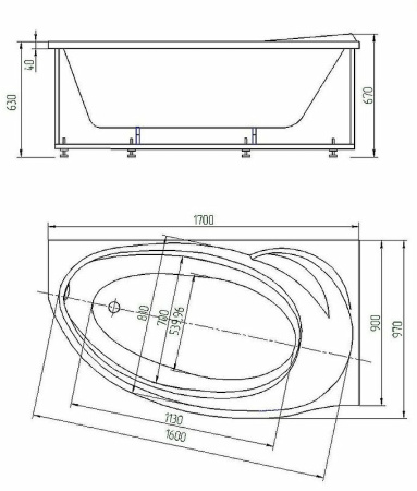 акриловая ванна aquatek бетта 170x97 r bet170-0000100 без гидромассажа с фронтальной панелью с каркасом (разборный) со слив-переливом