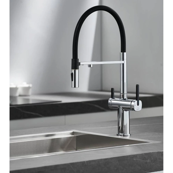 смеситель для кухни rose r358 с подключением к фильтру, гибким изливом, хром