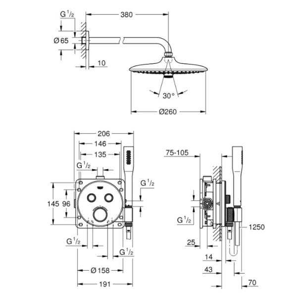 душевой комплект 260 мм grohe grohtherm smartcontrol 34744000