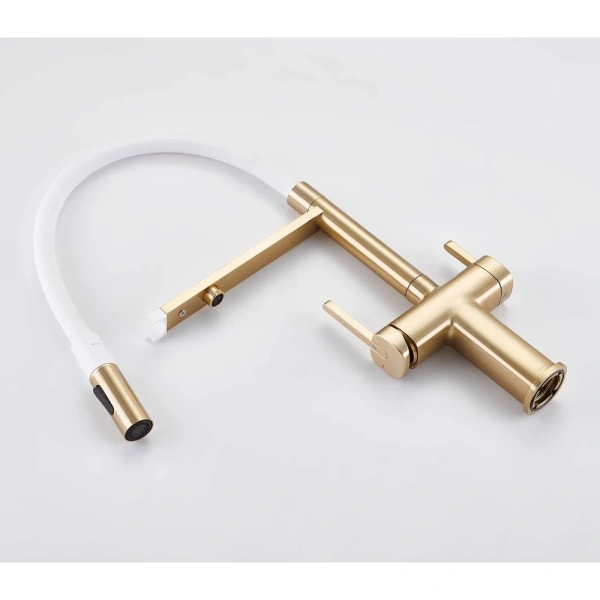 смеситель для кухни rose r358g с подключением к фильтру, гибким изливом, золотой матовый