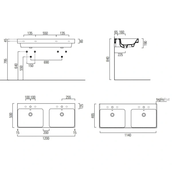 раковина gsi nubes 9625111 подвесная, 120x50 см, bianco lucido (белый глянец)