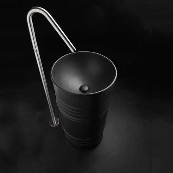 раковина напольная kerasan artwork barrel 474331, 45 x h90 см, слив в стену, цвет: nero matt