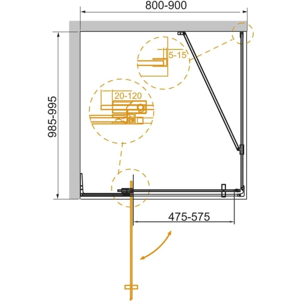 душевой уголок cezares slider slider-ah-1-100-80/90-br-boro 80-90x99,5 см, профиль золотой матовый, стекло бронза
