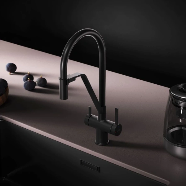 смеситель для кухни am.pm func f8f07822 coolstart, с подключением к фильтру, гибким изливом, черный матовый