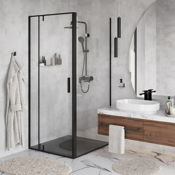 душевой уголок wasserkraft elbe 90×90 74p03 профиль черный матовый, стекло прозрачное
