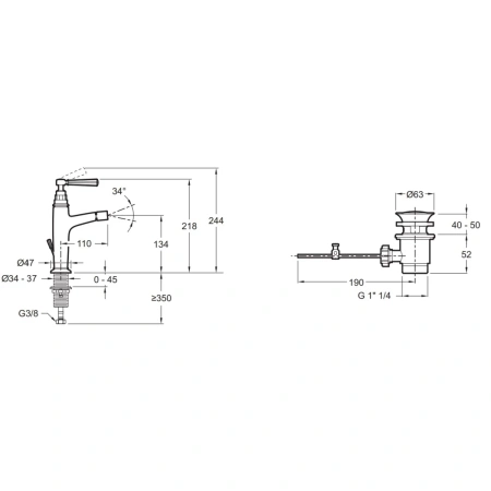 смеситель jacob delafon cleo 1889 e24310-cp для биде, с донным клапаном, хром/белый