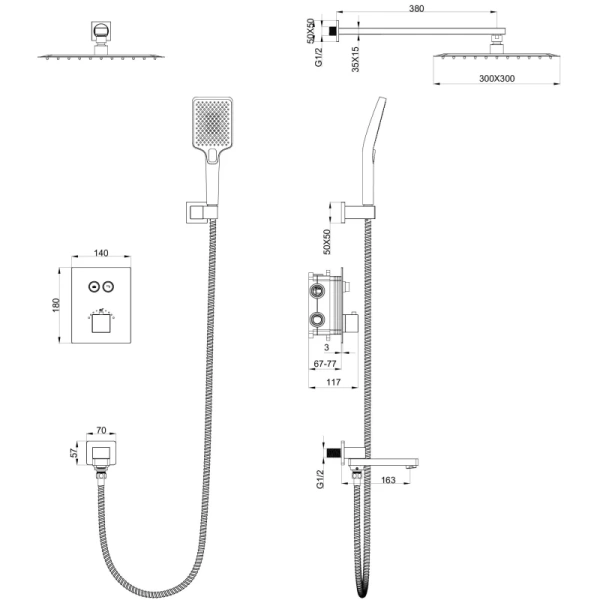 душевой комплект wonzon & woghand ww-88929003-bgm 300 мм, с термостатом, темный графит матовый