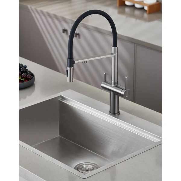 смеситель для кухни rose r458t с подключением к фильтру, гибким изливом, оружейная сталь