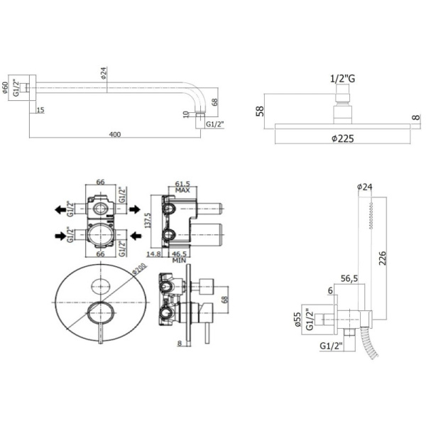 душевой комплект paffoni light kitlig018cr 22.5 см, хром глянцевый
