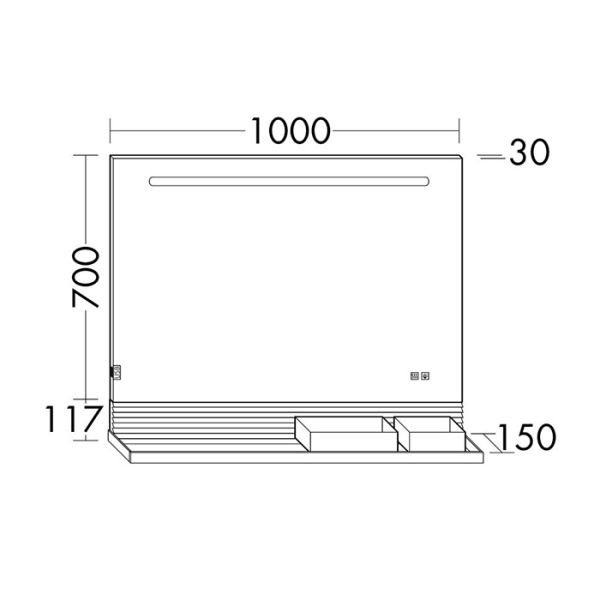 зеркало 100x70 см burgbad fiumo sfxp100fot2 подсветка led, сенс выкл, обогрев, корпус alu-optik, 2 ящика, рейлинг черные, панель белая fot2