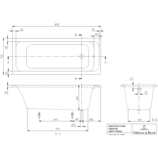 акриловая ванна 169,5x70 см villeroy & boch architectura uba177ara2v-01