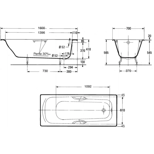ванна чугунная jacob delafon prelude e2934-00 160x70 см, с отверстиями под ручки, антискользящим покрытием, белый