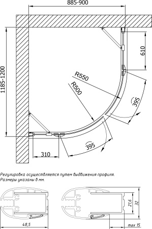 душевой уголок vegas glass afs-fux 120*90 05 01 профиль бронза, стекло прозрачное