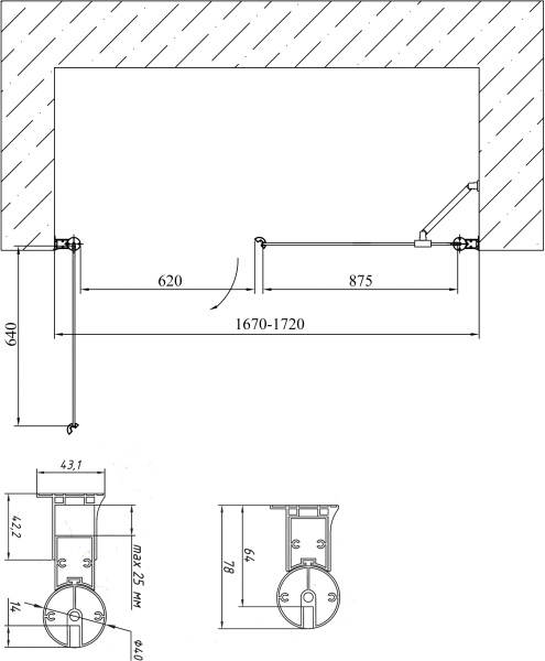 дверь для душевой кабины в нишу vegas glass ep-f-2 170 05 05 профиль бронза, стекло бронза