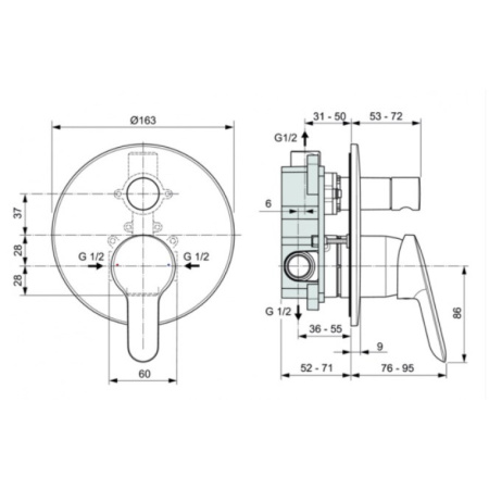 смеситель для ванны с душем ideal standard dot 2.0 a7165aa с внутренней частью,