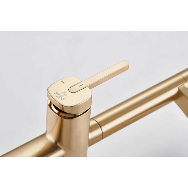 смеситель для кухни rose r358g с подключением к фильтру, гибким изливом, золотой матовый