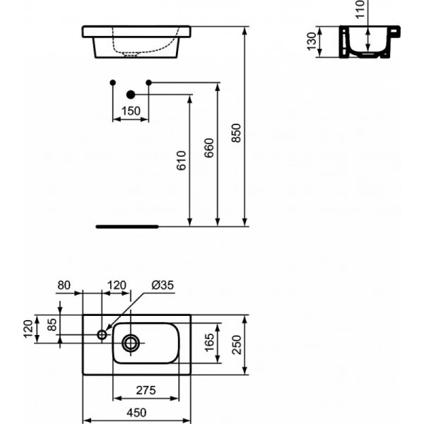 раковина накладная ideal standard connect space 45см, e136201 белая