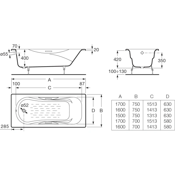 ванна чугунная roca malibu set/2334g0000/526803010/150412330 160x70 см, с ручками, антискользящим покрытием, белый