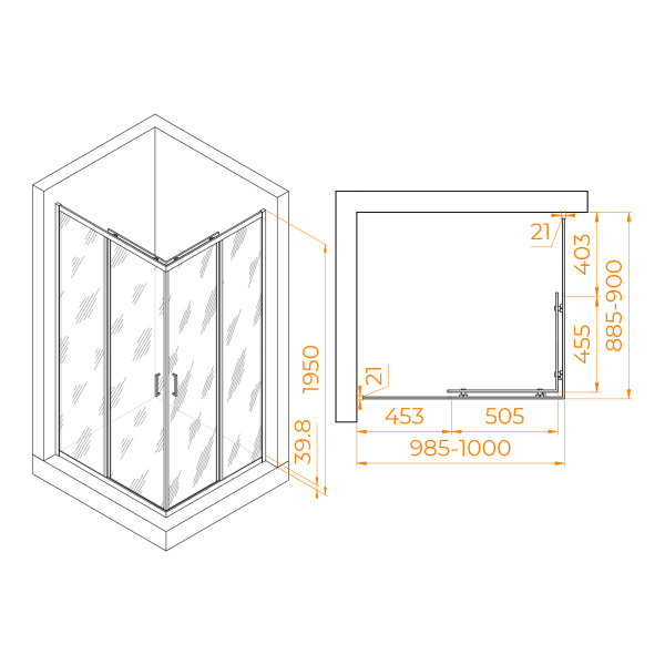 душевой уголок rgw passage pa-040b 100x90 3508104090-14 профиль черный, стекло прозрачное
