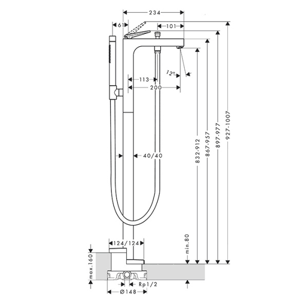 смеситель axor citterio для ванны, напольный, с ручным душем, текстура, цвет: шлифованный никель