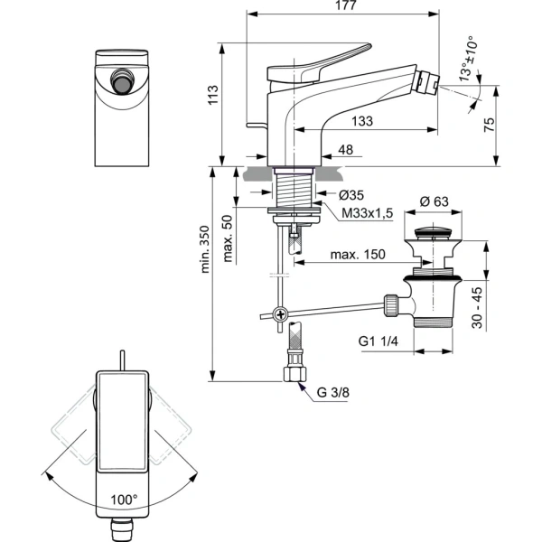 смеситель ideal standard conca bc760aa для биде, с донным клапаном, хром