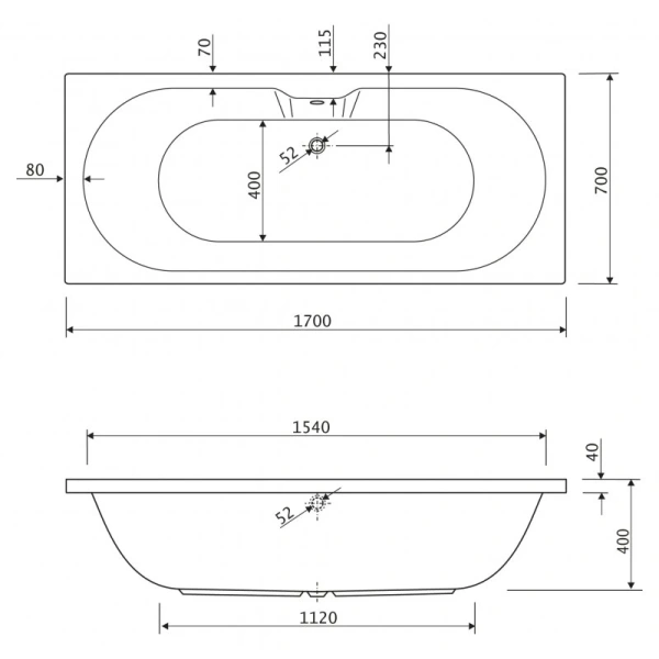 акриловая ванна cezares calisto 170x70 calisto-170-70-45-w37 без гидромассажа