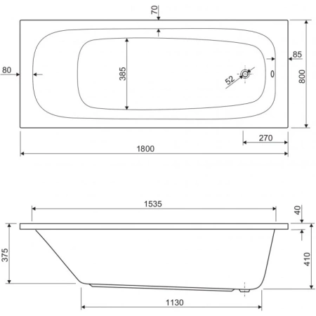 акриловая ванна cezares eco 180х80 eco-180-80-41-w37 без гидромассажа