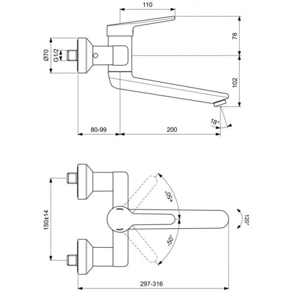 смеситель для раковины ideal standard ceraplus 2.0 bc112aa настенный