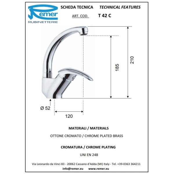 смеситель для кухни remer ten t42c