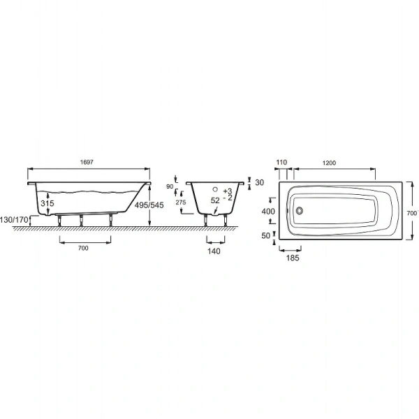 акриловая ванна jacob delafon patio e6812ru-01 170x70 см, цвет белый